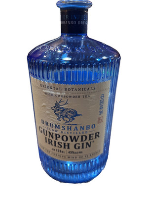 Drumshanbo Gunpowder Irish Gin Empty Bottle 7.5 in tall cobalt blue vase diffuse