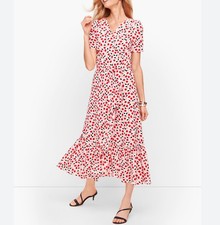 $130 Talbots Floral Midi Dress Sz 8 Faux Wrap Ruffle Short SleeveV-neck Belted 