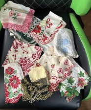 Handkerchief Lot Floral Embroidered Linen Art Deco Mid Century Era Christmas