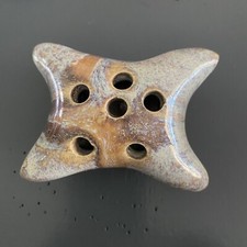 Small Glazed Pottery Flower Frog, 6 Holed, Blues, Grays and Tans 3.5  