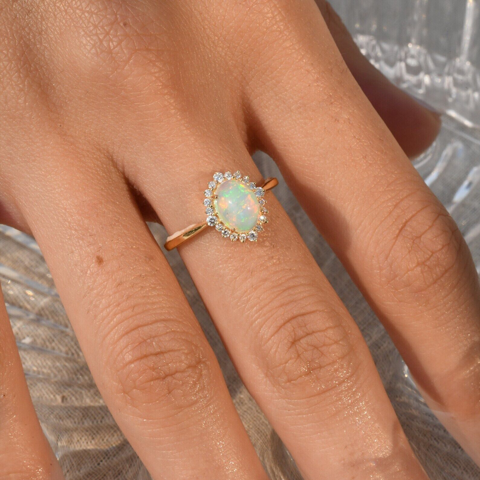 Natural Ethiopian Opal Diamonds Gemstone Gold Plated Silver Engagement Ring