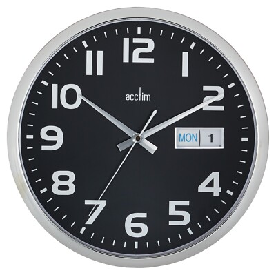 Acctim Supervisor Wanduhr Quarz verchromtes Gehäuse Datum Tag leicht ablesbare Zahlen 32cm