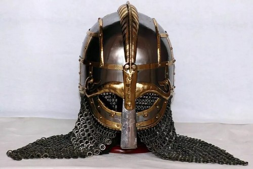 Medieval Viking Helmet Steel Vendel Helmet With Chainmail Hand Forged SCA/ Larp - Picture 8 of 9