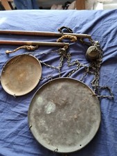 Two Vintage Scales, wooden balance with metal plates and a single weight
