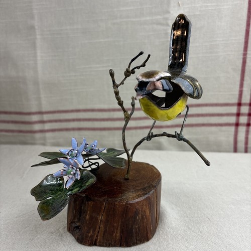 VTG. NORMAN BRUMM ENAMEL ON COPPER BIRD FLOWERS FOLIAGE DRIFTWOOD ART Beautiful