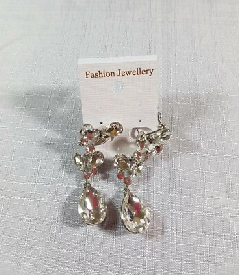 Clear Crystal Drop Bling Screw Back Earrings Costume Jewellery - Image 1 of 3