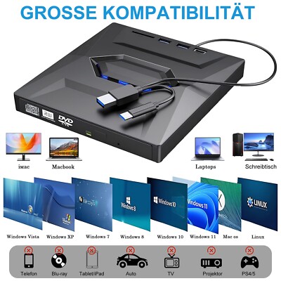 7 in 1 USB 3.0 Externes CD/DVD Laufwerk Brenner Player mit Type C für Laptop PC