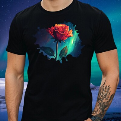 Mens Red Rose Northern Lights Print Cotton T-Shirt Size XS to 5XL