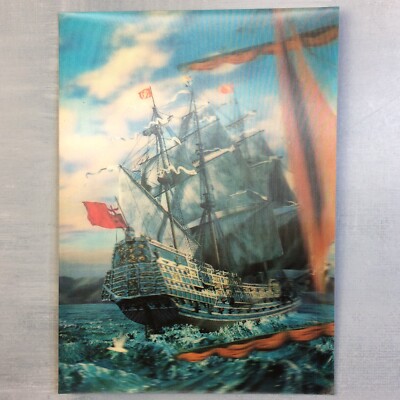 Sailing ship Caravel Flag red cross Old 3D stereo lenticular
