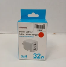 Inland 32W 3-Port Wall Adapter Charger With GaN Technology, White