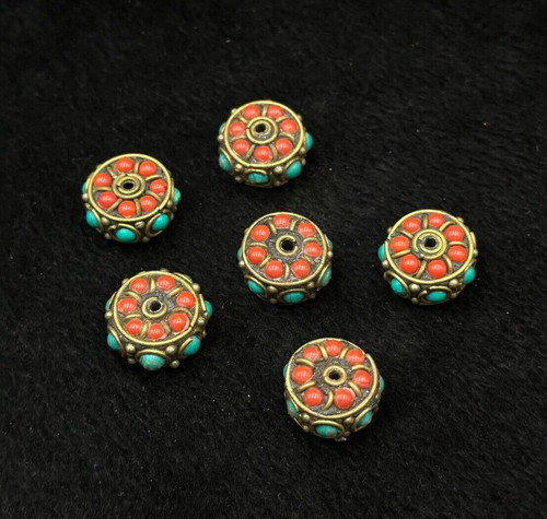 Vintage Tibetan Nepalese Brass 6 Pieces Beads With Turquoise And Coral Stone