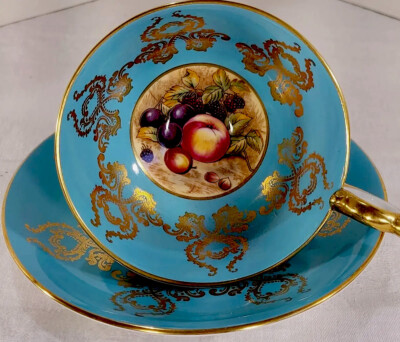 AYNSLEY Tea Cup & Saucer Orchard Fruit # 2832 Turquoise Heavy Gilt