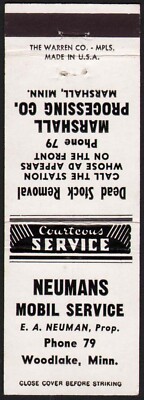 Vintage matchbook cover NEUMANS MOBIL gas oil Marshall Processing Woodlake Minn