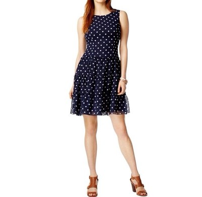 NEW Tommy Hilfiger Navy Blue White Polka Dot Tiered Ruffle Chiffon A-Line Dress 