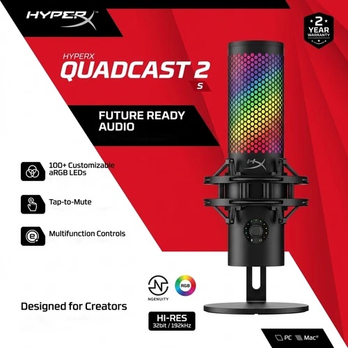 HyperX QuadCast 2 S Condenser Microphone Gaming Streaming aRGB Shock Mount USB-C
