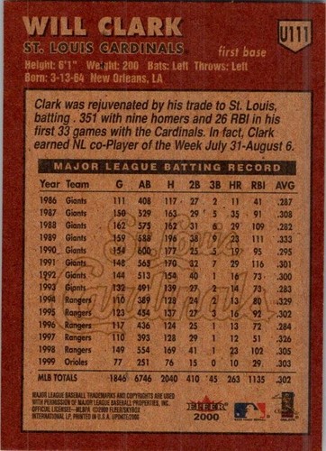 2000 Fleer Tradition Update #U111 Will Clark - Picture 2 of 2