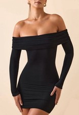 M BLACK Off Shoulder Long Sleeve Mini Dress