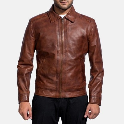 Men's Brown Real Lambskin Leather Motorcycle Jacket Cafe Racer Style Biker Coat