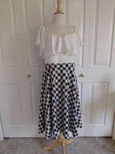Unique Vintage Retro Black White Gingham Full Skirt Dress Off Shoulders XL 14