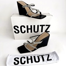   New SCHUTZ Lauryn Crystal Leather Strappy Wedge Sandals Black Size 7B 188