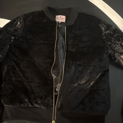 Juicy Couture Full Zip Up Puffer Jacket Coat Black Velvet Womens L Rhinestone