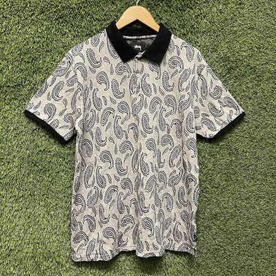 Stussy Grey Paisley Jacquard Polo Shirt Mens Medium All Over