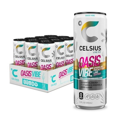 CELSIUS OASIS VIBE Sparkling Prickly Pear Lime, Sugar 12 Fl Oz (Pack of 12) 