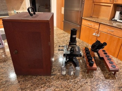 Vintage Carl Zeiss Jena Binocular Microscope w/ Wooden Case & Accessories