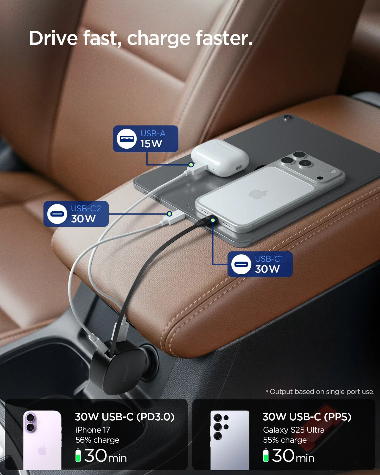 Зарядное устройство Spigen Car Charger EV603BT Built In USB-C Cable and USB-C / USB-A Port — фото 3