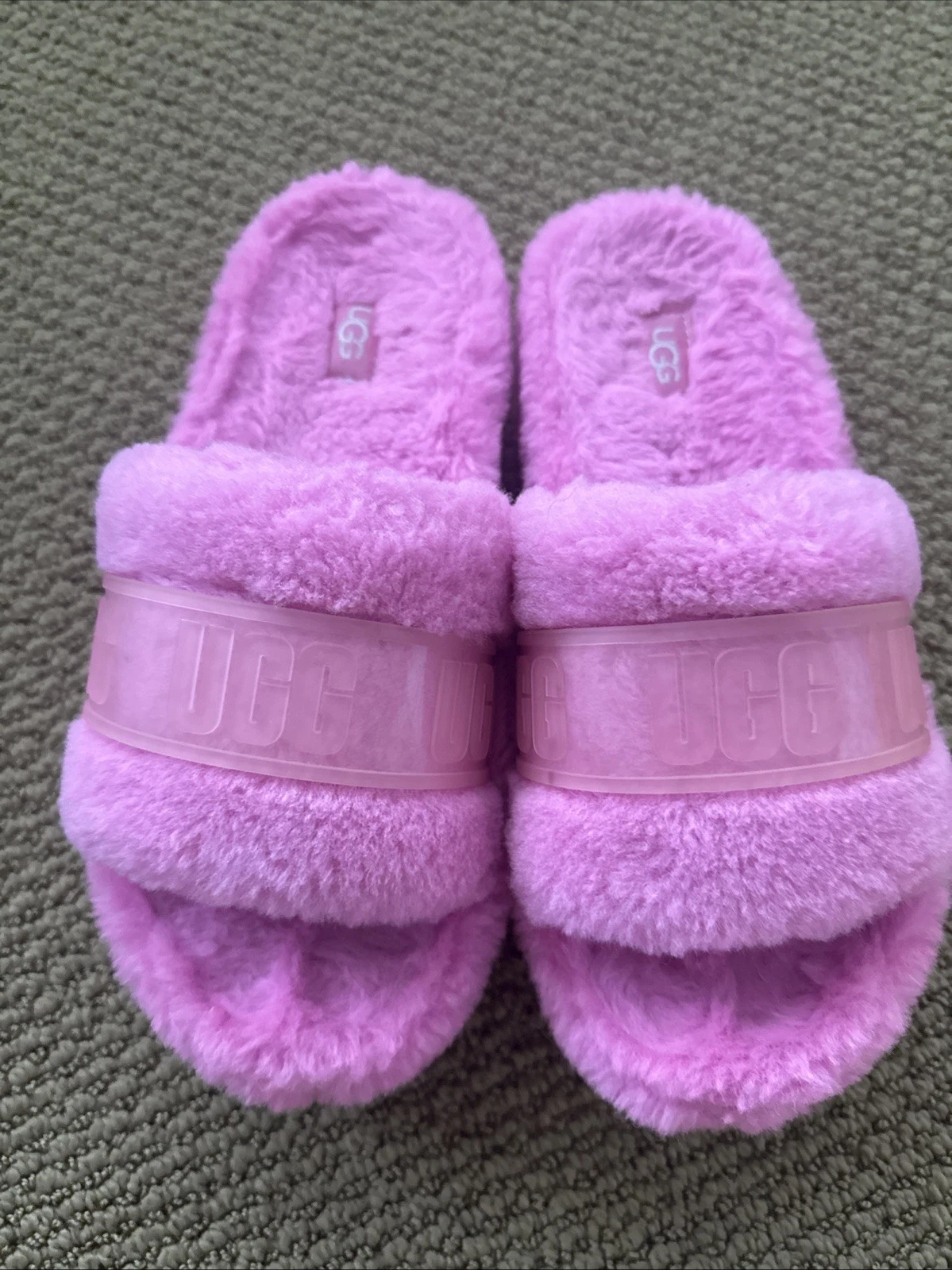 Scarpe peluche Ugg donna taglia 8 plateau slide rosa caldo plateau Fluffita trasparenti
