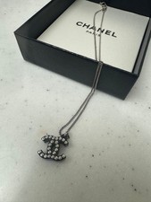 CHANEL Necklace Vintage Black Silver CC Studs Line Stone Italy 42cm