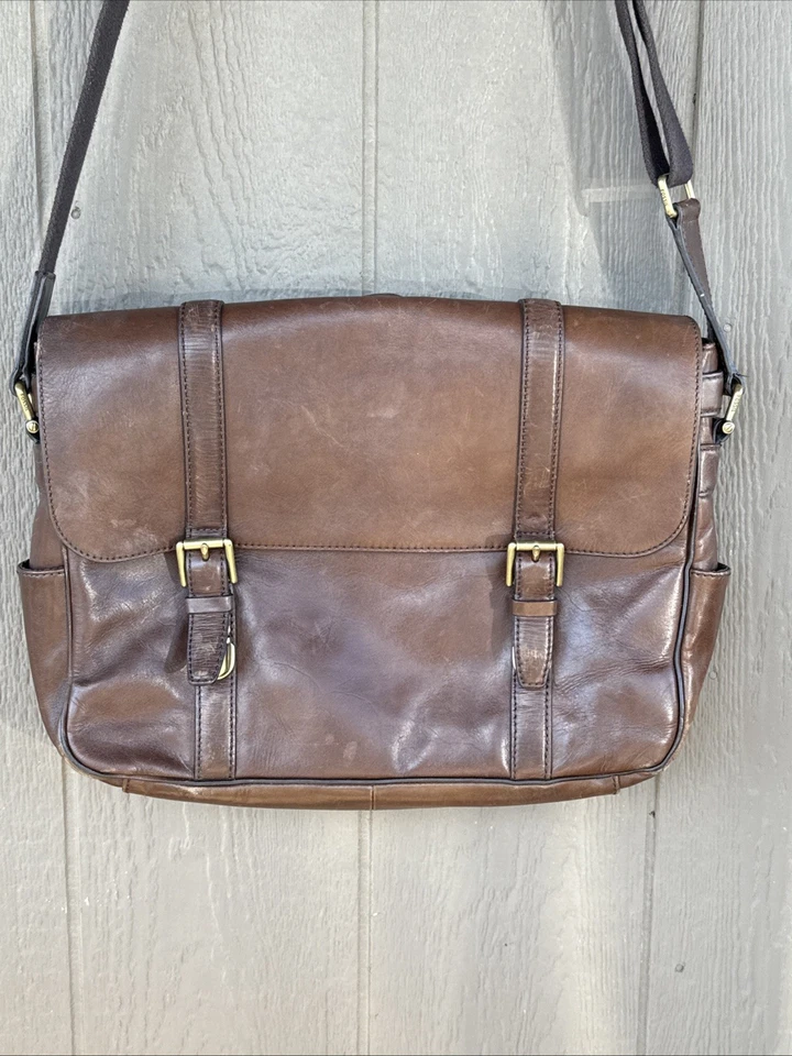 Fossil Brown Leather Messenger Bag Briefcase Laptop Crossbody Pushlock Closure - Image 2 of 4