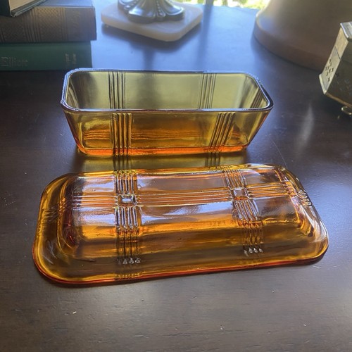 Vintage Hazel Atlas Criss Cross 1/4 LB Butter Dish Amber Glass Rare - Picture 4 of 5