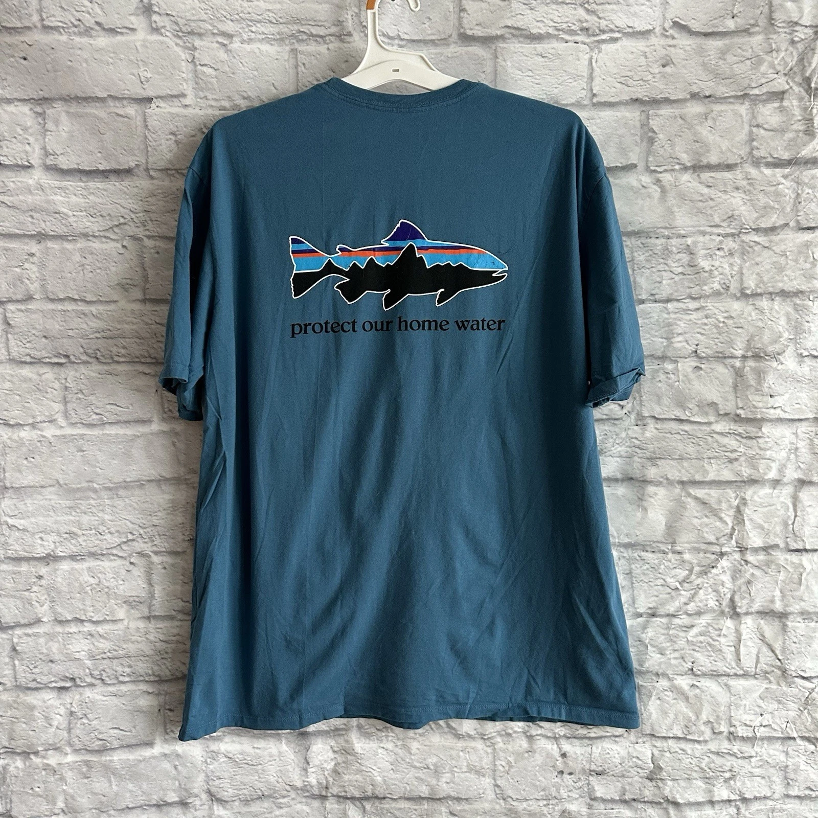 PREOWNED PATAGONIA BLUE TSHIRT PROTECT OUR HOME WATERS FISH SHIRT XL MENS
