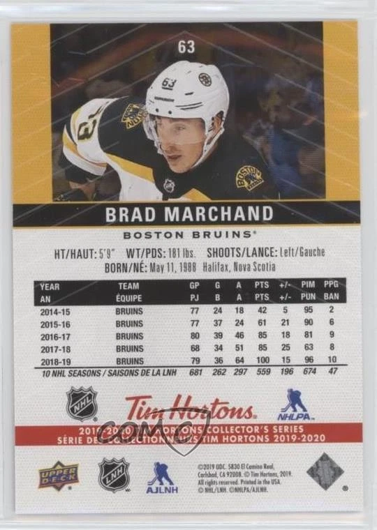2019 Upper Deck Tim Hortons Collector's Series Premium Program Brad Marchand #63 - Image 2 of 2