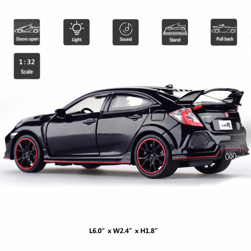 1:32 Honda Civic Type R Model Car Diecast Pull Back Toy Cars for Kids Toys Black - Image 3 of 4