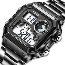 LIGE Men's Luxury Digital Watch Square Dial Steel LED Stopwatch Wristwatch
