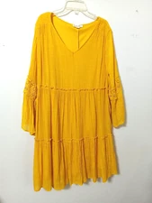 Indigo Rose DRESS 2X Yellow Ruffle Tiers Lined Long Sleeves Cottagecore