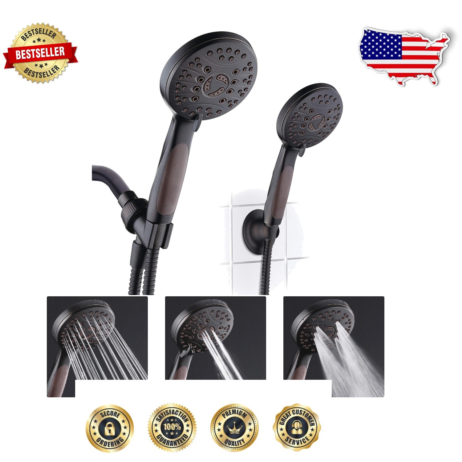Elegant Oil Rubbed Bronze Handheld Shower Head with Dual Bracket Convenience Set