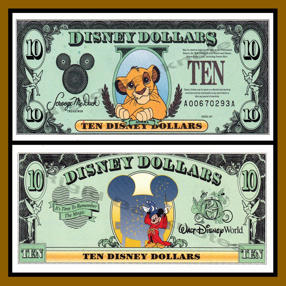 ☆美品　1.5.10ドル　封筒付☆ディズニーダラー　DisneyDollars Disney 10 Dollars, 1997 Series 