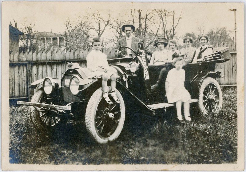 Antique Snapshot Family Posing In & On 1913 Overland 71 Touring Car w/ Pennant