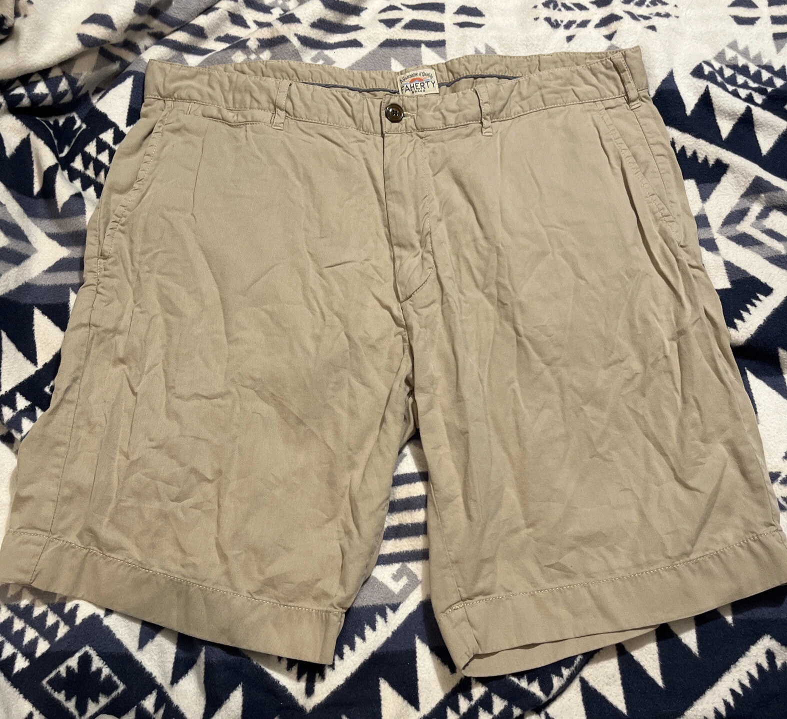 Faherty Chino Shorts Mens Khaki Flat Front Cotton Blend 35