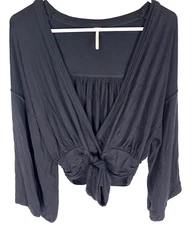 FREE PEOPLE Shirt Size XS Dark Blue Tie Front Wide Sleeve Stretchy Slub