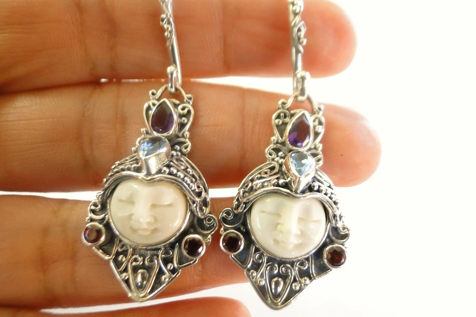 Balinese Goddess Close Eyes Amethyst Blue Topaz Garnet Sterling Silver Earrings - Image 2 of 4