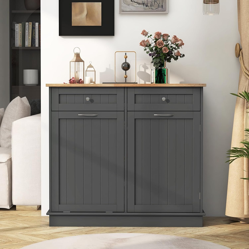 Tilt Out Trash Cabinet 15.5 Gallon, Wooden Laundry Room Cabinet, 2 Drawers, Stor - Picture 4 of 12