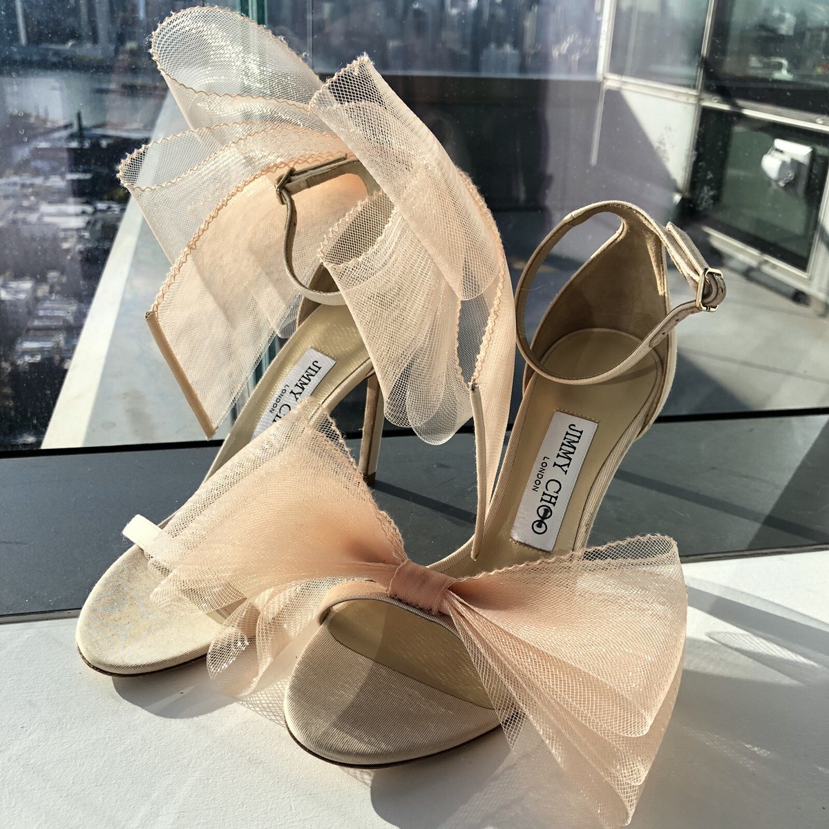 JIMMY CHOO Aveline 100 Asymmetric Grosgrain Mesh Bow Nude JIMMY CHOO Aveline 100 Asymmetric Grosgrain Mesh Bow Nude