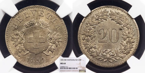 SWITZERLAND 1851-BB 20 Rappen NGC MS-64