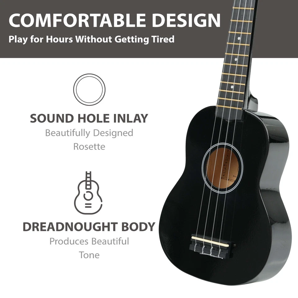 21" Soprano Beginners Ukulele with Gig Bag, Felt Pick & Spare Strings – Black - Image 3 of 4