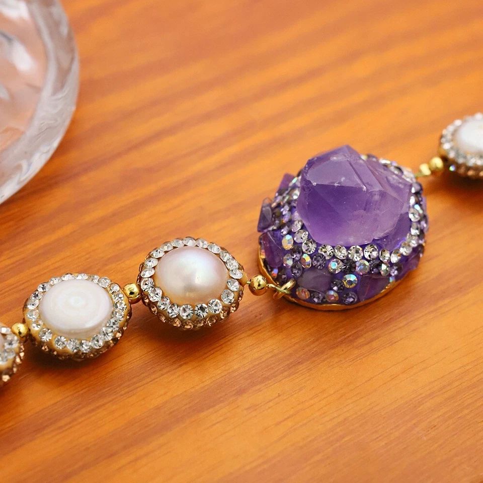 天然淡水珍珠小饰品手链链紫色水晶宝石手弦 — 第 3/4 张图片