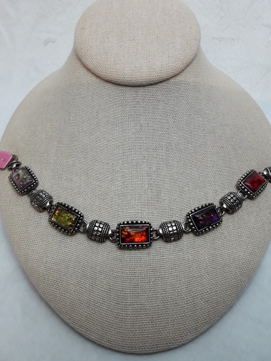 Silvertone Glass Colored Square Beads Bracelet View 2